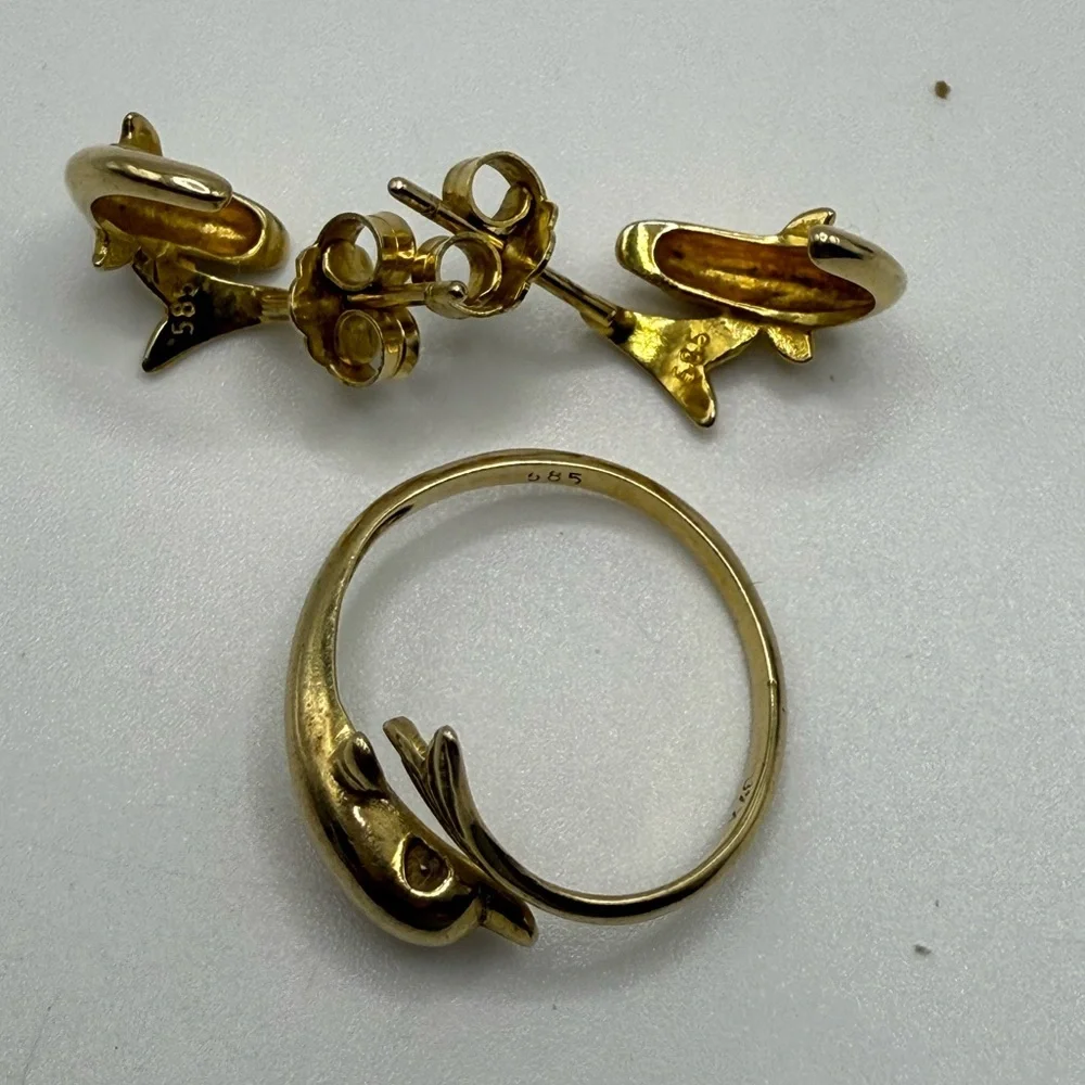 14K Gold Dolphin Jewelry Set Bracelet Ring Earrings - Picture 6 of 6